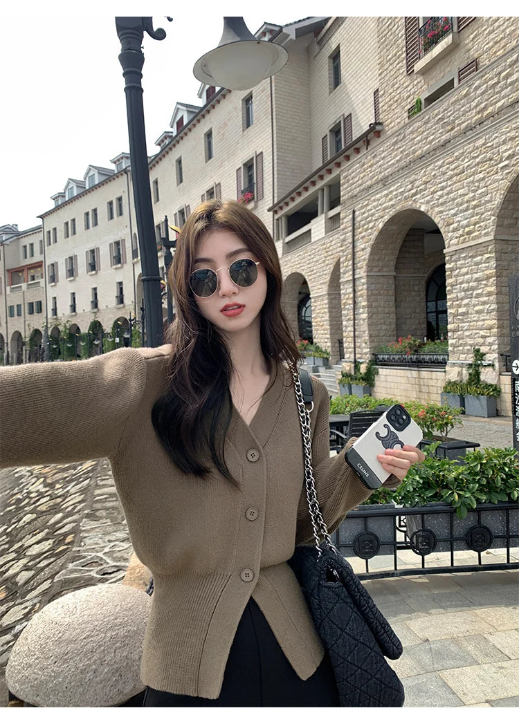 AOSSVIAO Knitted Casual Cardigan 2025 Autumn Winter Elegance Solid Color V-neck Sweater Unique and Niche Slim Fit Tops Badiee Stylez