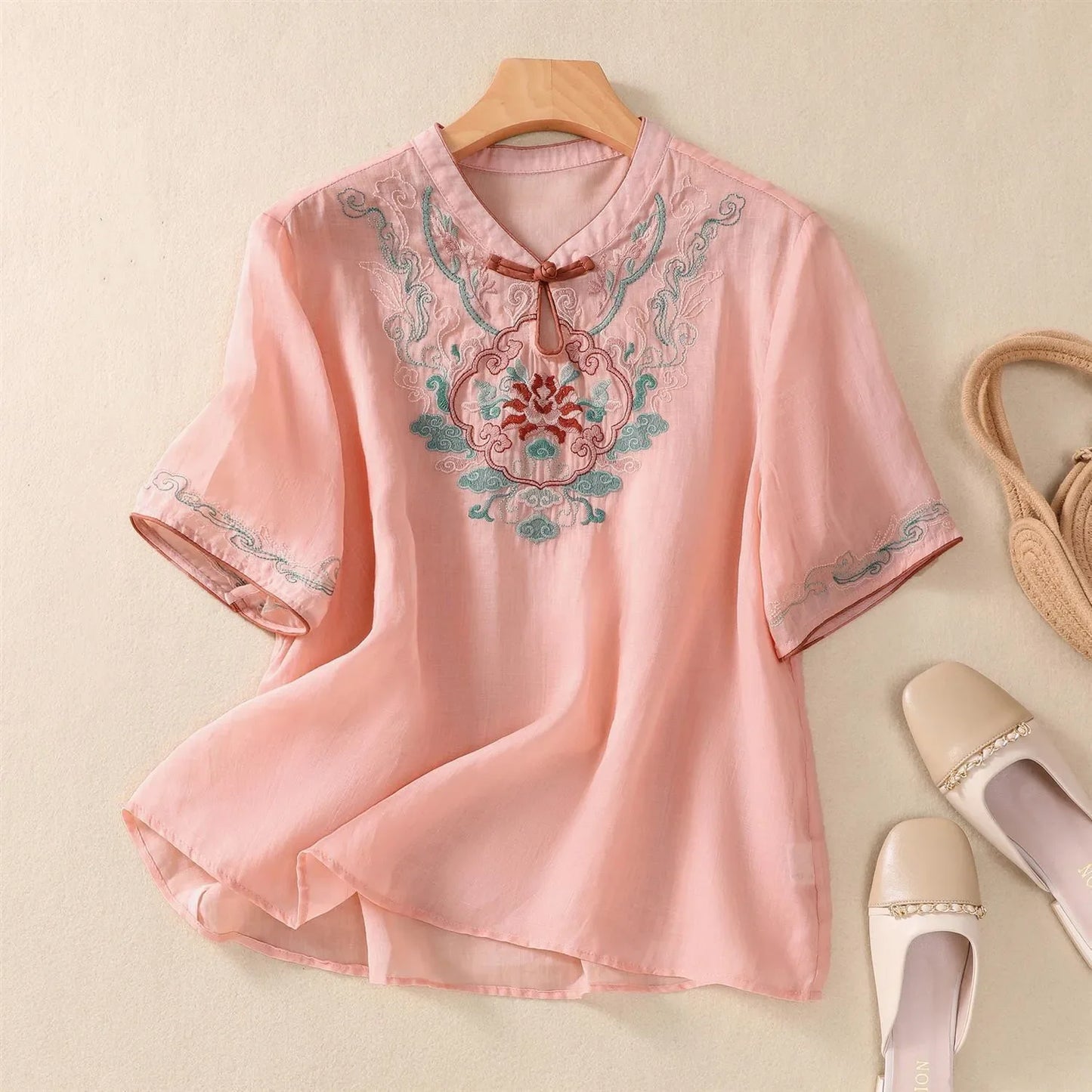 Thin Streetwear Vintage Clothes Ethnic Style Cotton Linen Shirts for Women Clothing Top Tshirt Tees Fashion Casual Embroidery pink-C