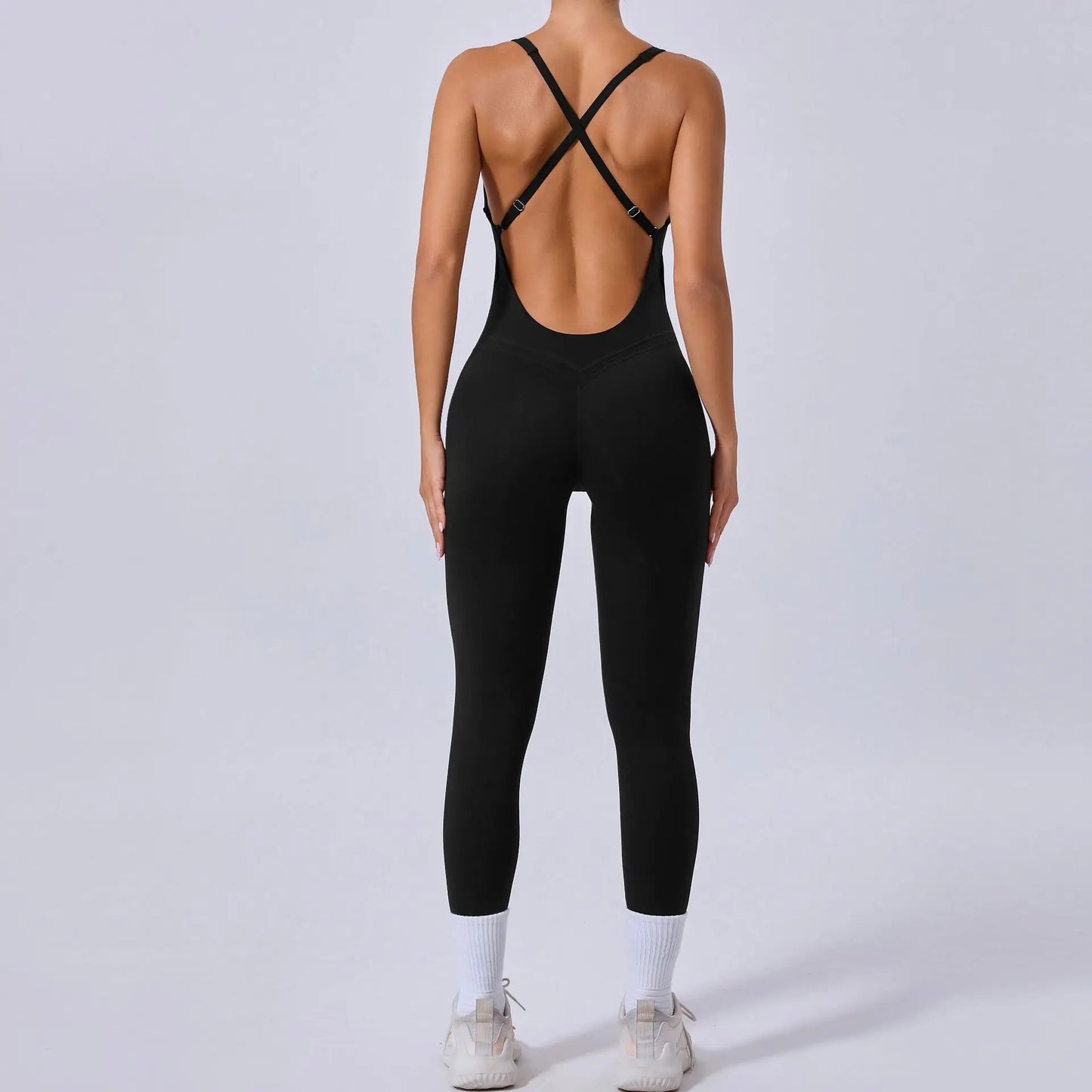 Rompers Yoga Sets Solid Black Hollow Out Bandage Backless Cross Jumpsuit for Women Fitness One-piece Gym Clothing Tracksuit black