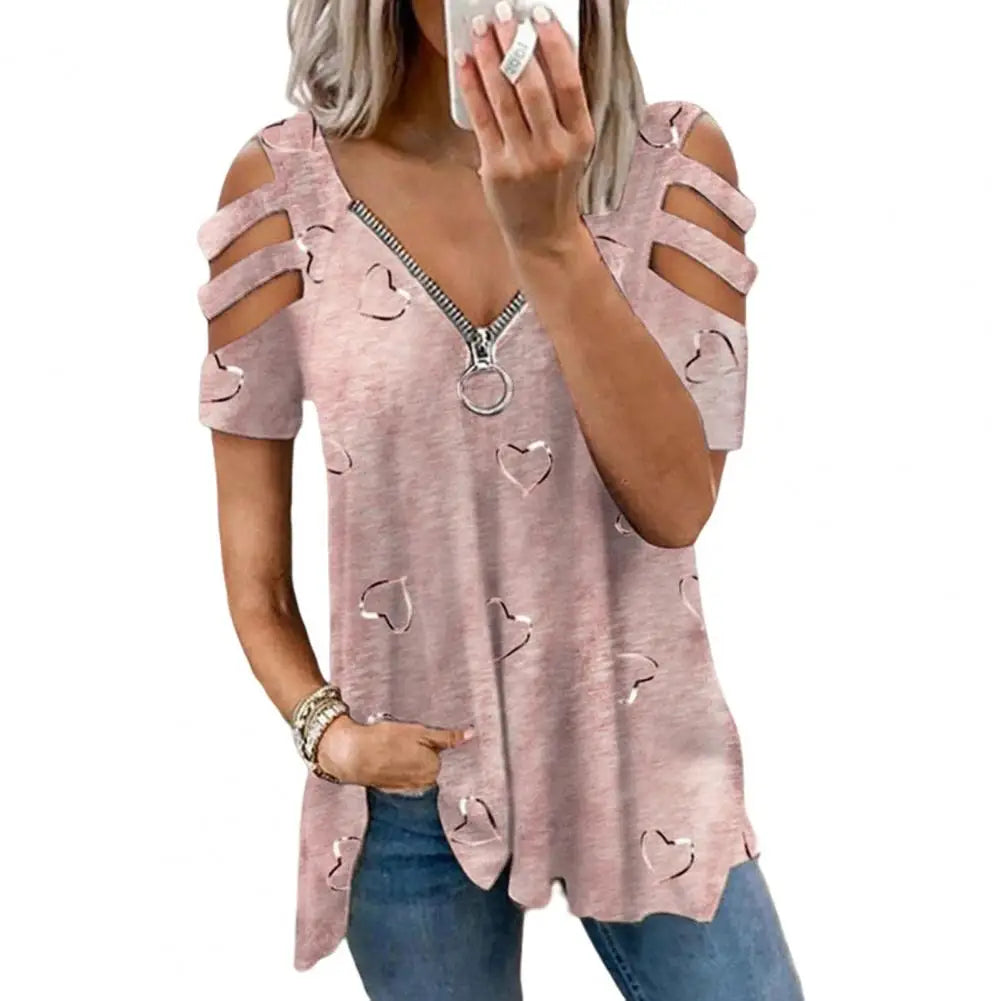 Women Summer Top V Neck Low-cut Hollow Out Short Sleeves T-shirt Match Pants Loose Plus Size Women Blouse Women Clothes Pink