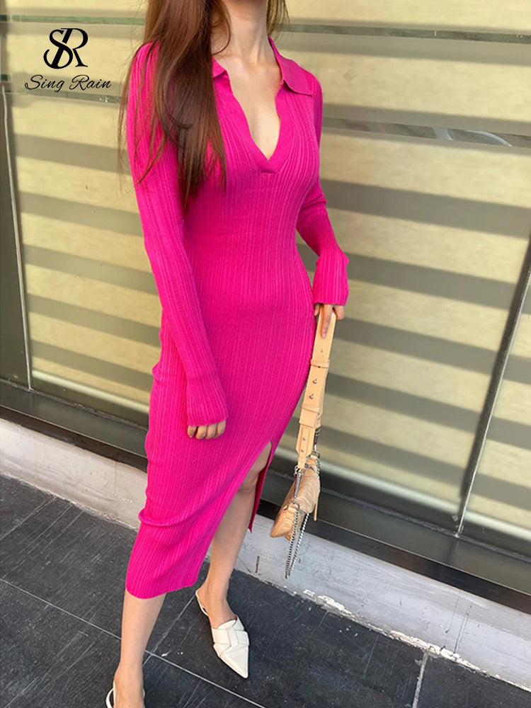 SINGREINY Women Korean Knitted Dress Long Sleeve V Neck Elastic Slim Pencil Dresses 2021 Autumn Sexy Bodycon Split Sweater Dress