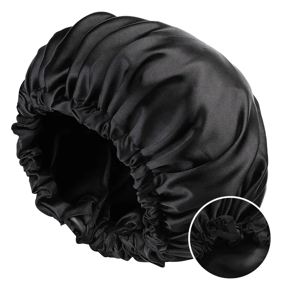 Adjustable Double Layer Satin Bonnet Nightcap Doubleside Women Round Shower Caps Night Sleep Polyester Hat Solid Black Lining Badiee Stylez