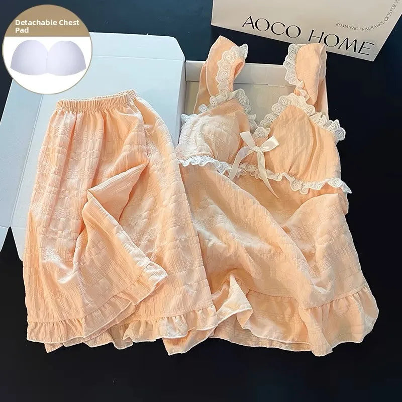 Summer Sexy Strap Spwear Women's ort Pants Loose Fit Home Clothes Set with Chest Pad 2024 New Tread Cotton Thin Woven Pink (set) mxl3036