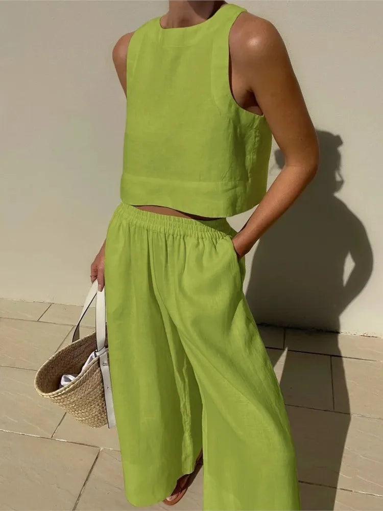 Women's Solid Color Casual Sleeveless Shirt And Pants Two Piece Summer Loose Simple Wide Leg Pants Vest Female 2025 green