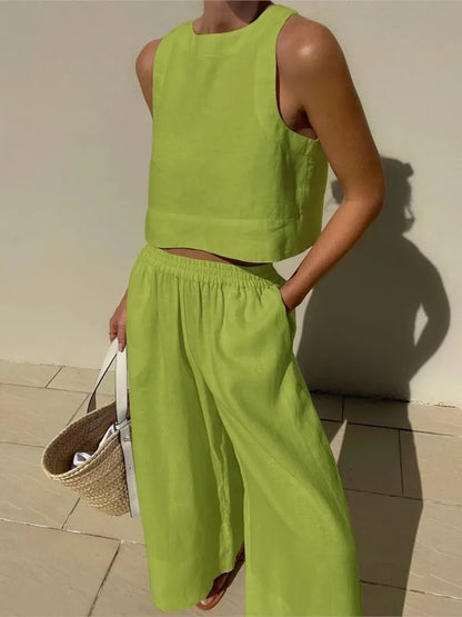 Women's Solid Color Casual Sleeveless Shirt And Pants Two Piece Summer Loose Simple Wide Leg Pants Vest Female 2025 green