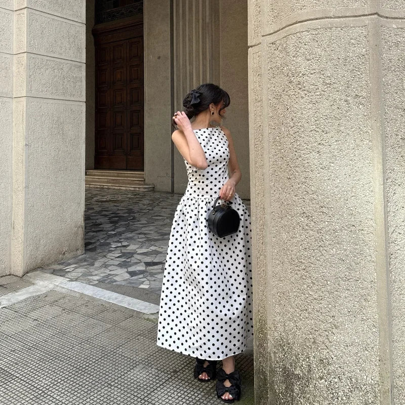 Fashion Polka Solid Slim Vestido Lady Elegant Chic Sleeveless Off Shoulder Pleat Square Neck Maxi Dress Summer Dinner Party Wear