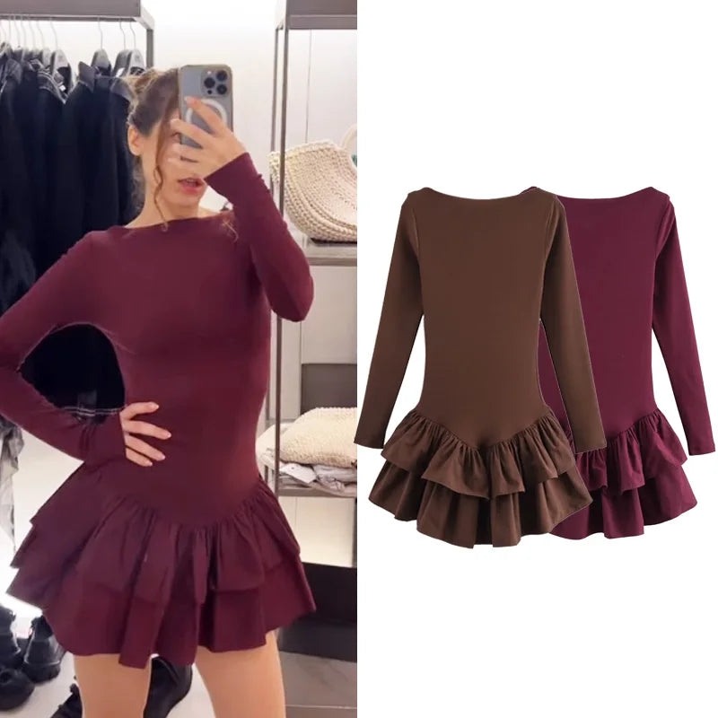 TRAF Women's Elegant Y2k Short Dresses 2025 Spring Long Sleeve Mini Dresses Ladies Fashion Casual Cute Party Dress Vestidos