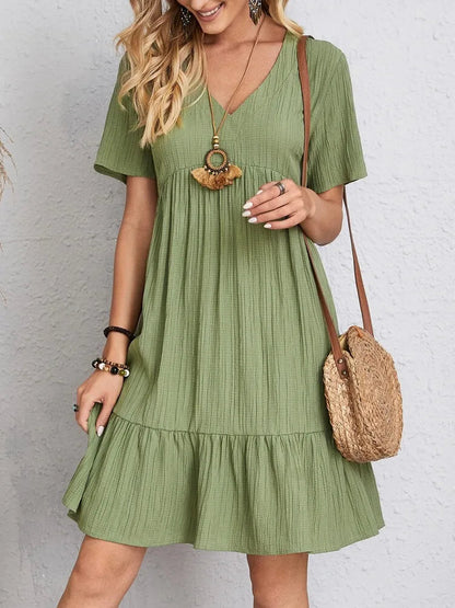 Women Elegant Short Sleeve V Neck Ruffles Dress Summer Casual Solid Loose Mini Dress Chic Bohemian Sundress Beach Party Vestidos Badiee Stylez