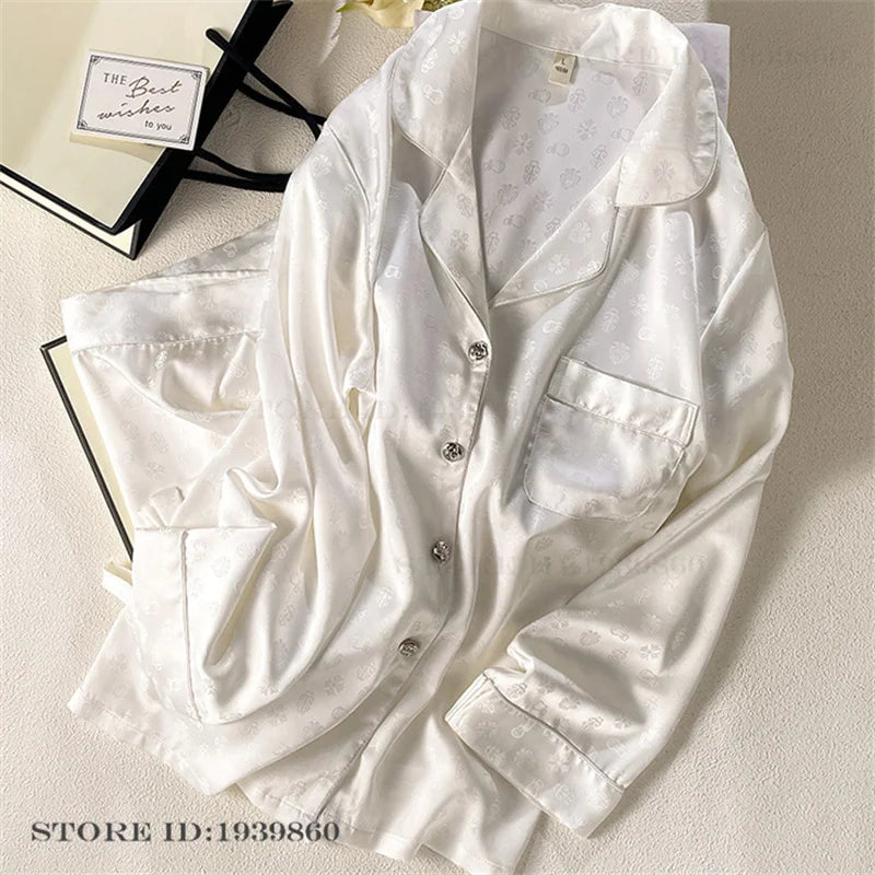 Women Long Sleeve Pajamas 2PCS Set Spring Summer New Sleepwear Loungewear Fashion Stripes Pyjama Pour Femme Loose Satin Homewear White Pajamas 9