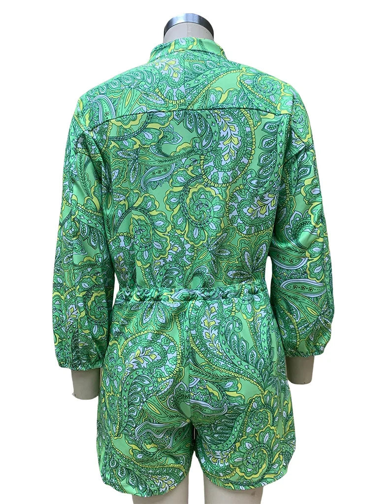 BAMBOOBOY Women Summer Long Sleeve Playsuit with Waist Elastic Band Casual Stand Collar Pocket Loose Wide Leg Short Jumpsuit