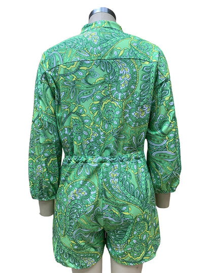 BAMBOOBOY Women Summer Long Sleeve Playsuit with Waist Elastic Band Casual Stand Collar Pocket Loose Wide Leg Short Jumpsuit