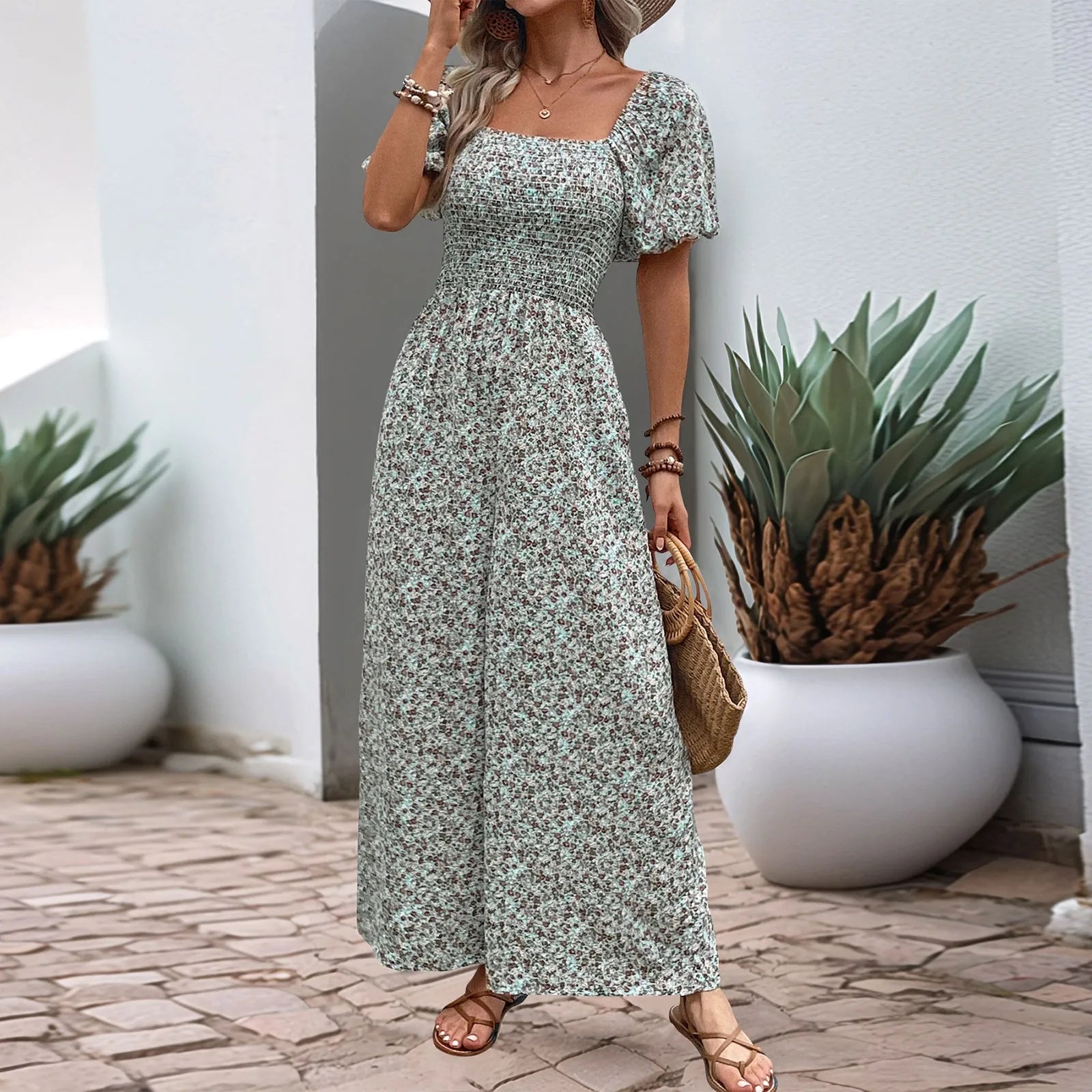 Bohemian Vacation Holiday Jumpsuit Women Pleated Wide Leg Rompers Chiffon Print Ethnic Playsuit Summer Casual Jumpsuits Badiee Stylez