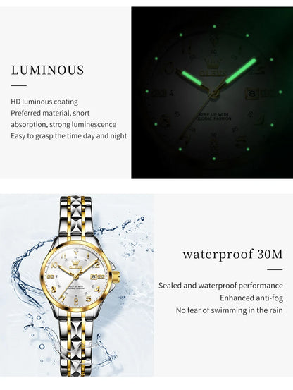 OLEVS 2910 Original Quartz Watches for Women Rhombus Steel Strap Waterproof Luminous Calendar Elegant Luxury Ladies Wristwatches