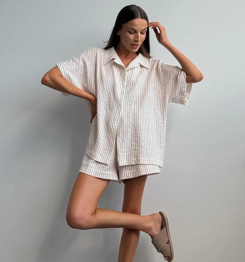 Hiloc Elegant Cotton Stripe Shorts Suits Pajamas Summer Short Sleeve Blouse With Elastic Waist Shorts 2 Piece Sets Home Outfits