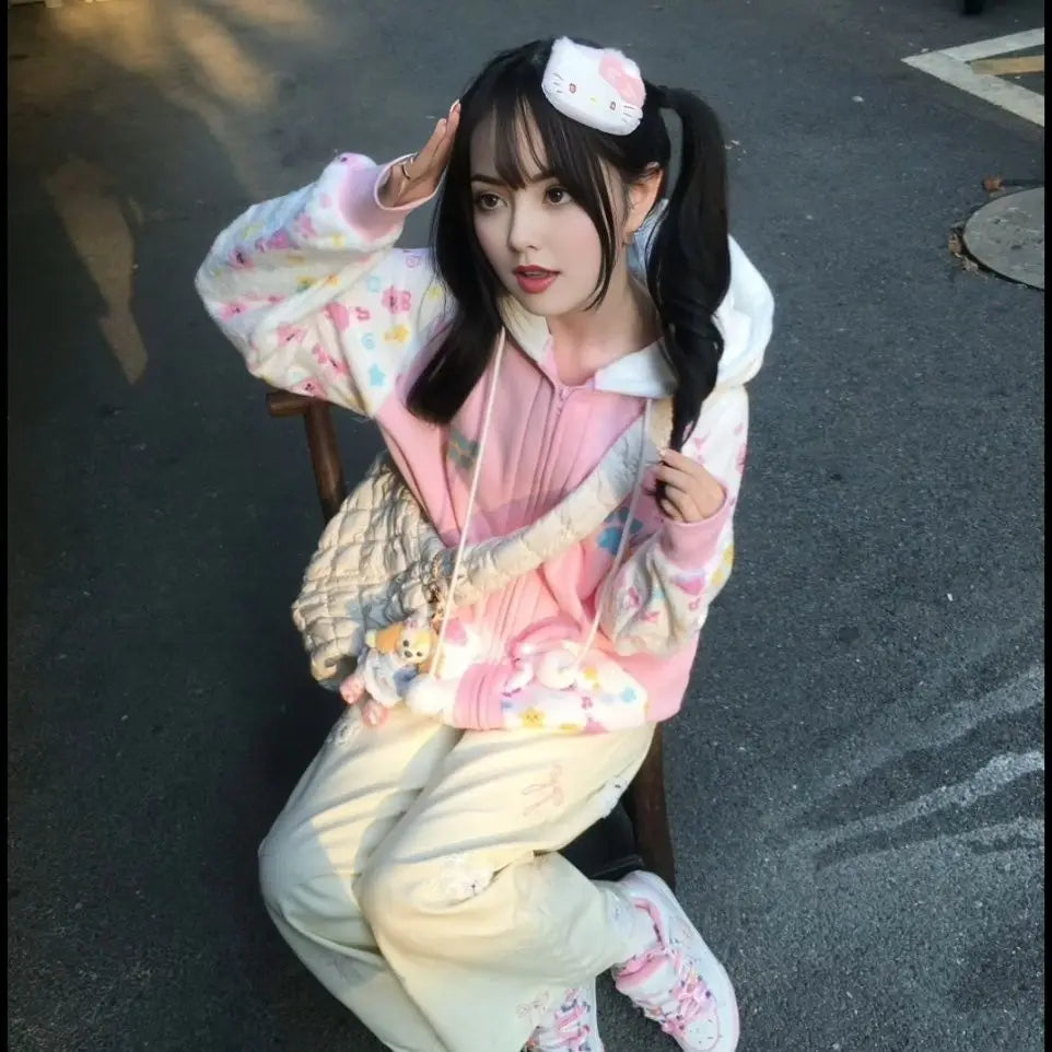 Harajuku Zip Hoodies Women Japanese Sweet Lolita Sweatshirts Kawaii Cartoon Print Y2k Hooded Overcoat Korean Fashion Clothes Top