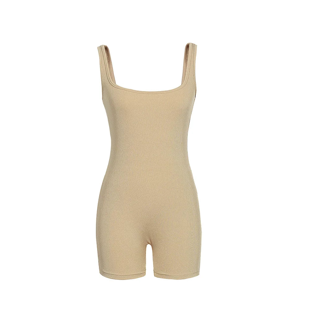 Women's Solid Color Camisole Square Neck Stretchy One-Piece Jumpsuit Sports Tank Top with Tight Pants And Belly Control