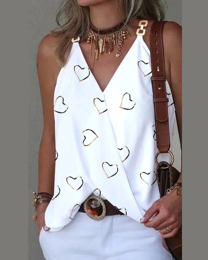 Elegant V-Neck Blouse for Women, Sexy Sleeveless Chain Print, Lady Casual Tops, White, Summer, 2024 love