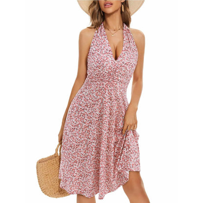 Ladies' Sexy Elegant Bohemian Floral Printed Summer Sleeveless Deep V-neck High Waist Beach Vacation A-line Daily Ruffle Dresses Pink