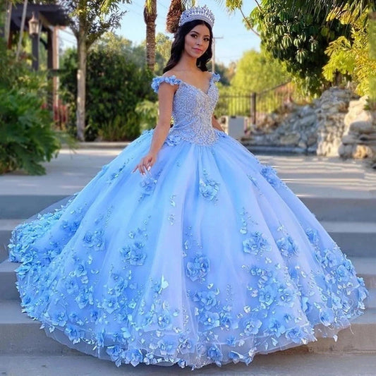 BOMARIS Blue Ball Gown Quinceanera Dresses Vestidos De 15 Anos Party 3D Flower Lace Cinderella 16 Birthday Princess Customized Badiee Stylez