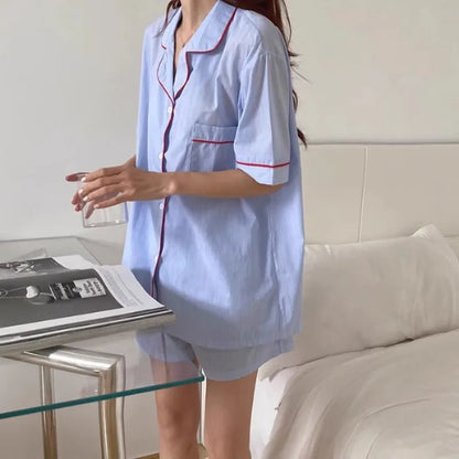 Women's Striped Solid Color Pajamas Short Sleeve Shorts Cardigan with Lapel Student Homewear Two-Piece Set Girl Sleepwear