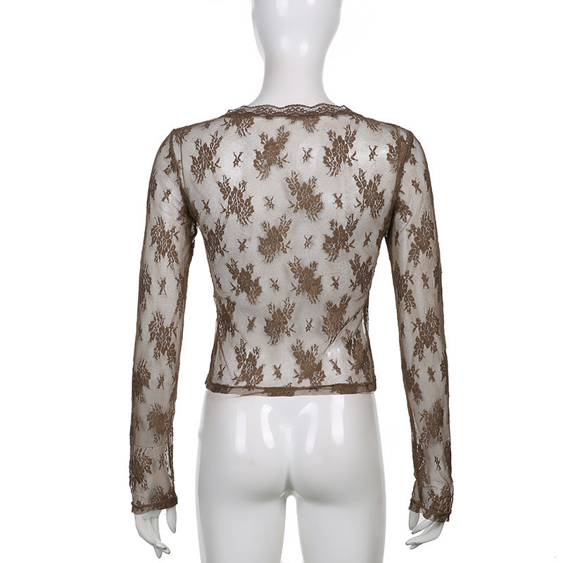 Women Sexy See Through Cardigans Y2K Long Sleeve Lace Mesh Lace Vintage Lace Tie Up Floral Crop Tops Streetwear Cardigans