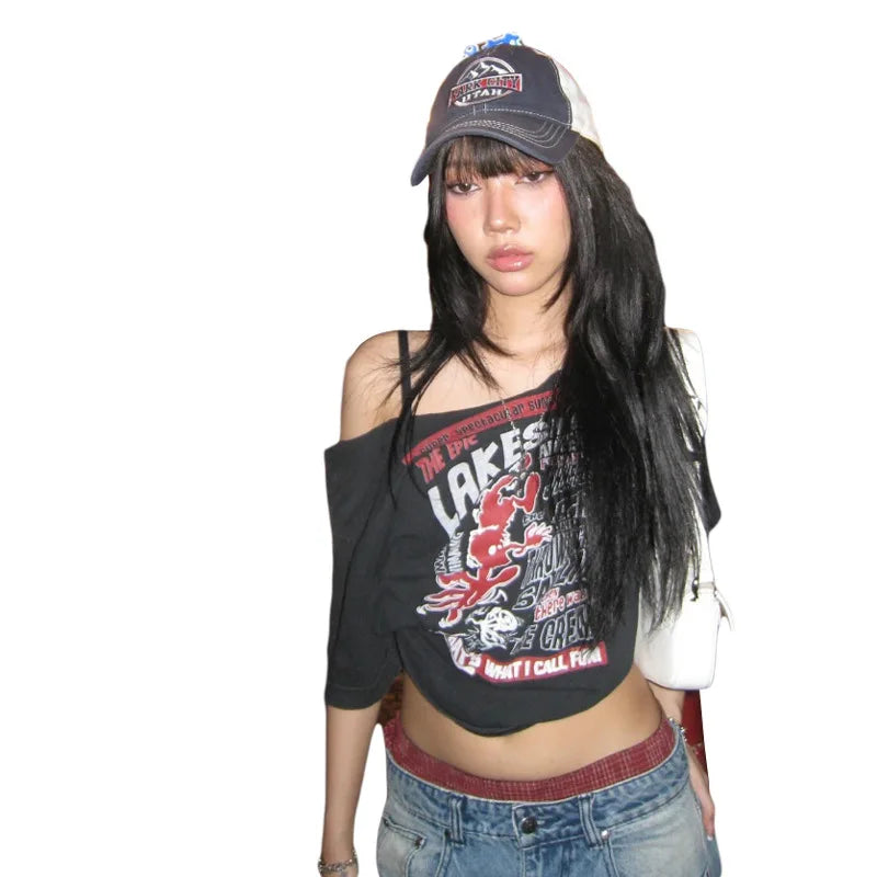 Gothic Tee Y2k Letter Print Off Shoulder Punk T-shirts Women Harajuku Summer Streetwear Grunge T Shirt Aesthetic Sexy Crop Tops