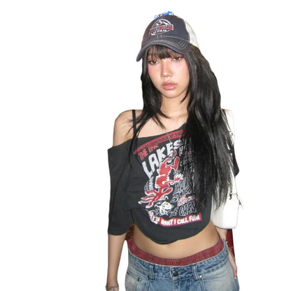 Gothic Tee Y2k Letter Print Off Shoulder Punk T-shirts Women Harajuku Summer Streetwear Grunge T Shirt Aesthetic Sexy Crop Tops