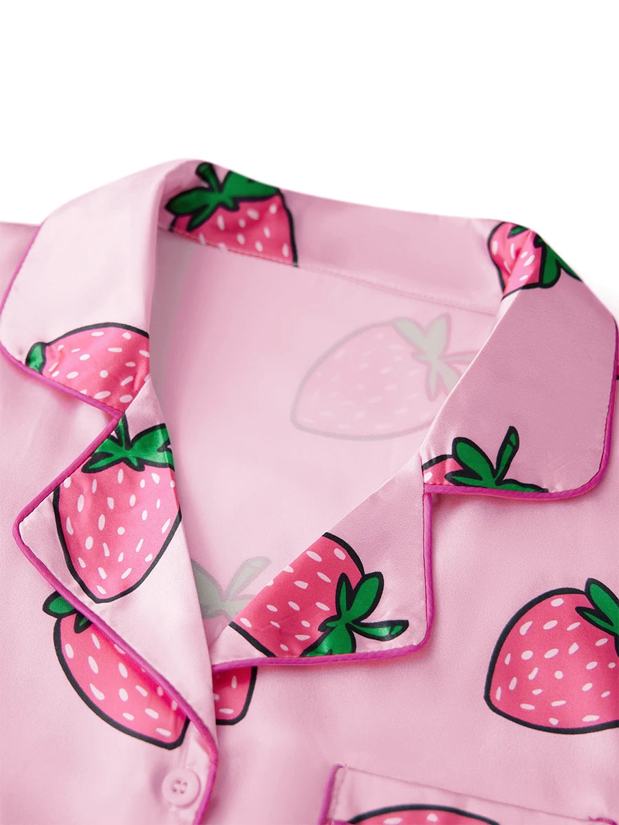 Women's 2 Piece Lounge Set Long Sleeve Lapel Strawberry/Bow Print Button Up Tops Shorts Sleepwear Sets