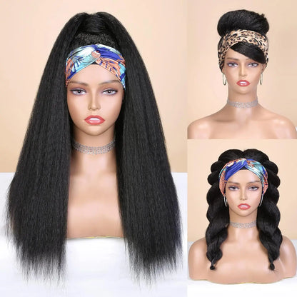 Kinky Straight Headband Synthetic Wig for Women Yaki Straight Wigs with Black Headband Hair Easy to Style No Lace Front No Glue