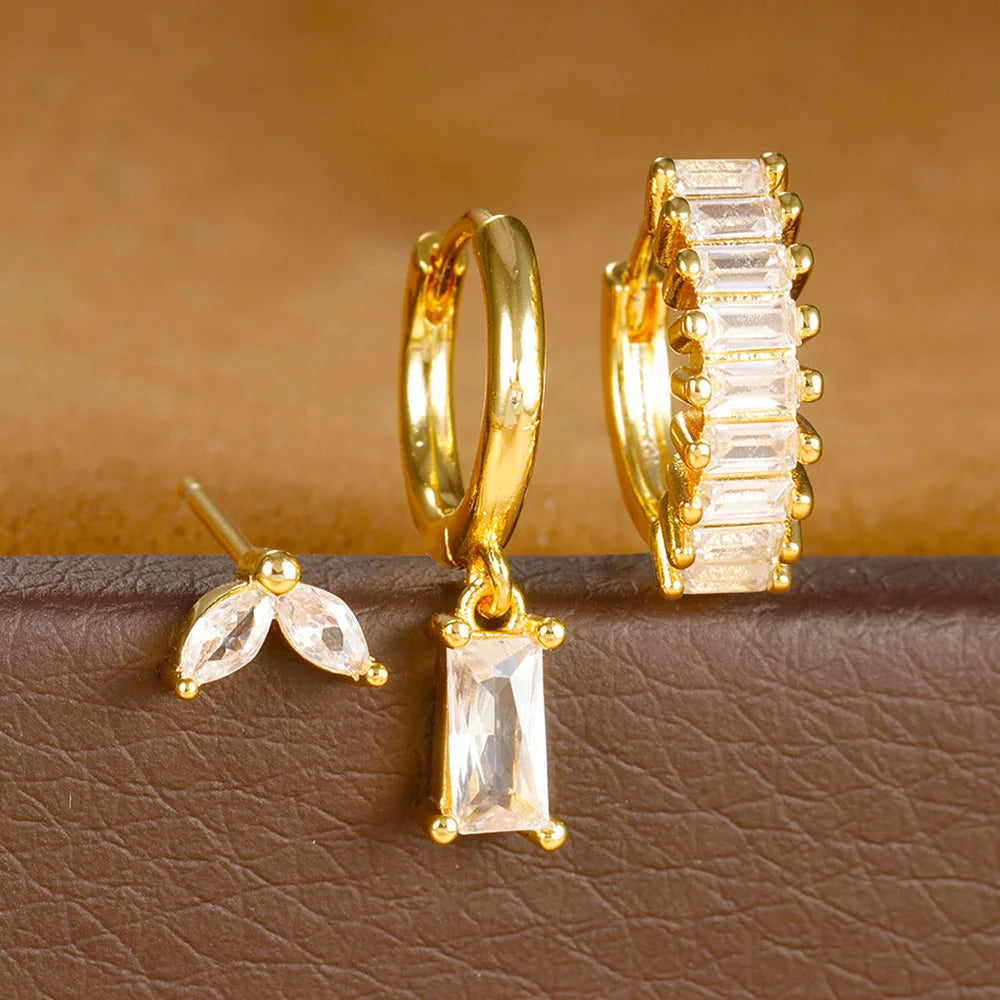 3PCS Stainless Steel Square Earrings Sets for Women Vintage Zircon Pendant Geometry Round Circle Hoop Earrings Piercing Jewelry