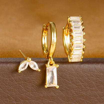 3PCS Stainless Steel Square Earrings Sets for Women Vintage Zircon Pendant Geometry Round Circle Hoop Earrings Piercing Jewelry