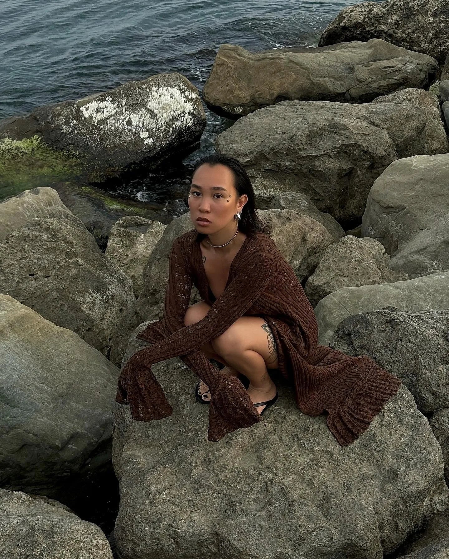 DSMTRC 2025 Holiday Knitted See-throught Cardigan Dress V Neck Long Flare Sleeves Leisure Long Trendy Single Breasted Autumn