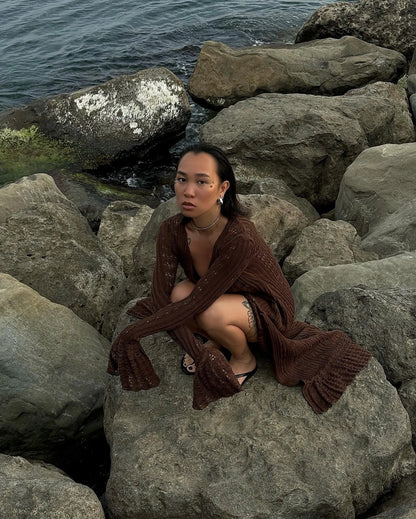 DSMTRC 2025 Holiday Knitted See-throught Cardigan Dress V Neck Long Flare Sleeves Leisure Long Trendy Single Breasted Autumn