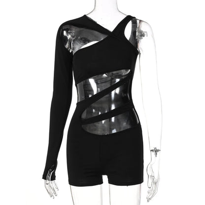 Women's Sexy Rompers Trendy Bodycon Irregular Hollow Out Holes Singel Sleeve Off Shoulder Y2k Playsuits Female Casual Streetwear