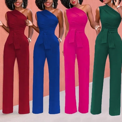 Women's Jumpsuit Solid Skew Collar Crop Top Straight Pants Belt Sexy Sleeveless Loose Pants Elegant Charming Playsuits 2024 Badiee Stylez