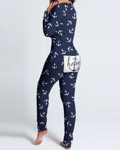 Sexy Pyjama Women's Jumpsuit Suit Button-down Front Back Butt Bum open Ass Flap Jumpsuit Loungewear Christmas Print Buttoned Navy HOPE