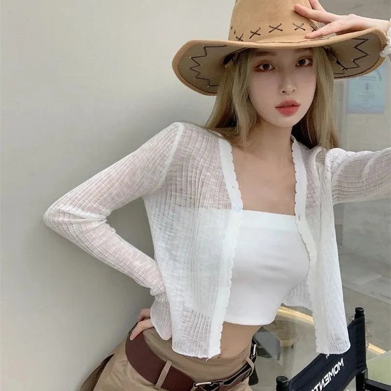 JOEVILU Thin Sunscreen Shirt Women's Summer Outerwear Crop Tops Hollow Out White Long-sleeved Cardigan Elegant Casual Shawl Coat White
