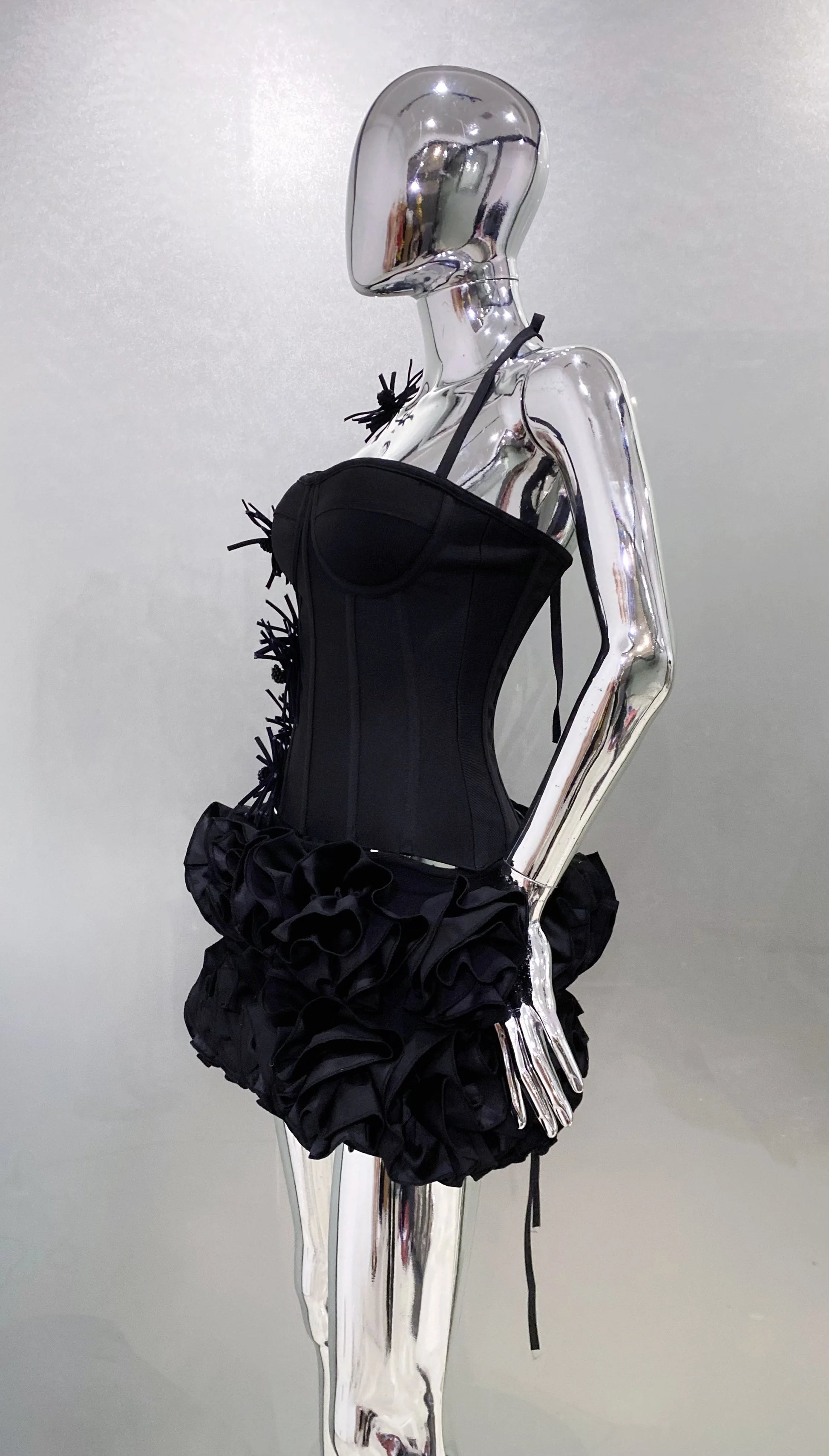 Black Red Women Sexy Strapless Laced-up Tops 2 Pieces Florals Bodycon Mini Bandage Dress Celebrate Nightclub Party Stage Wear