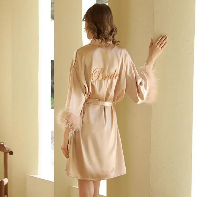 Kimono Bride Bridesmaid Robe Loungewear Wedding Bathrobe Gown Feather Women Embroidery Letter Sleepwear Short Satin Nightgown Champagne Bride