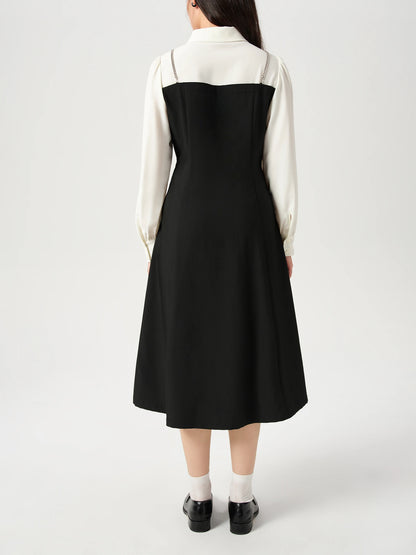 DUSHU Women Autumn Long SLeeve Dresses Office Lady Temperament Polo Neck A-LINE Long Dress Fake Two Patchwork Dress 24DS83358