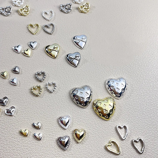 20PCS 3D Glossy Gold Silver Metallic Love Heart Various Crook Frame Solid Alloy Nail Art Rhinestones Decorations Manicure Charms