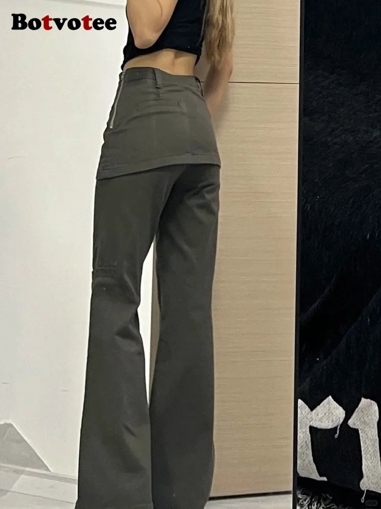 Botvotee Fake Two-Piece Plus size Wide Leg Jeans for Women 2025 New Y2k Fashion Streetwear High Waisted Flare Denim Pants