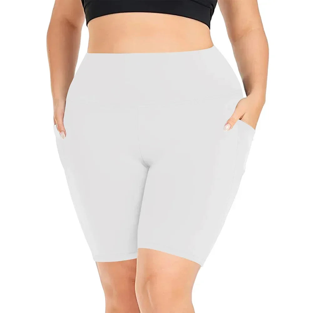 Women's High-Waisted Yoga Shorts Plus Size Workout Leggings with Dual Pockets Stretch European Style Activewear for Gym & Casual