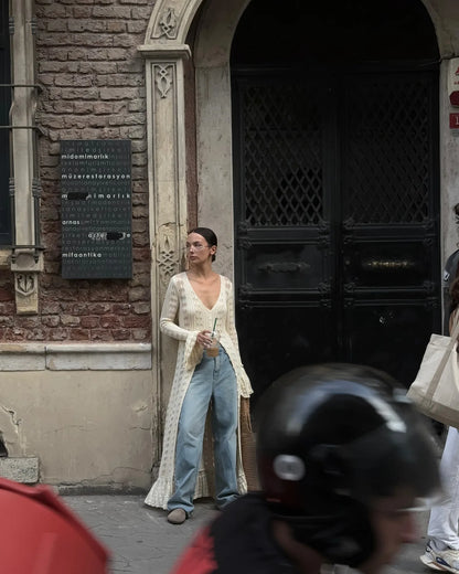 DSMTRC 2025 Holiday Knitted See-throught Cardigan Dress V Neck Long Flare Sleeves Leisure Long Trendy Single Breasted Autumn