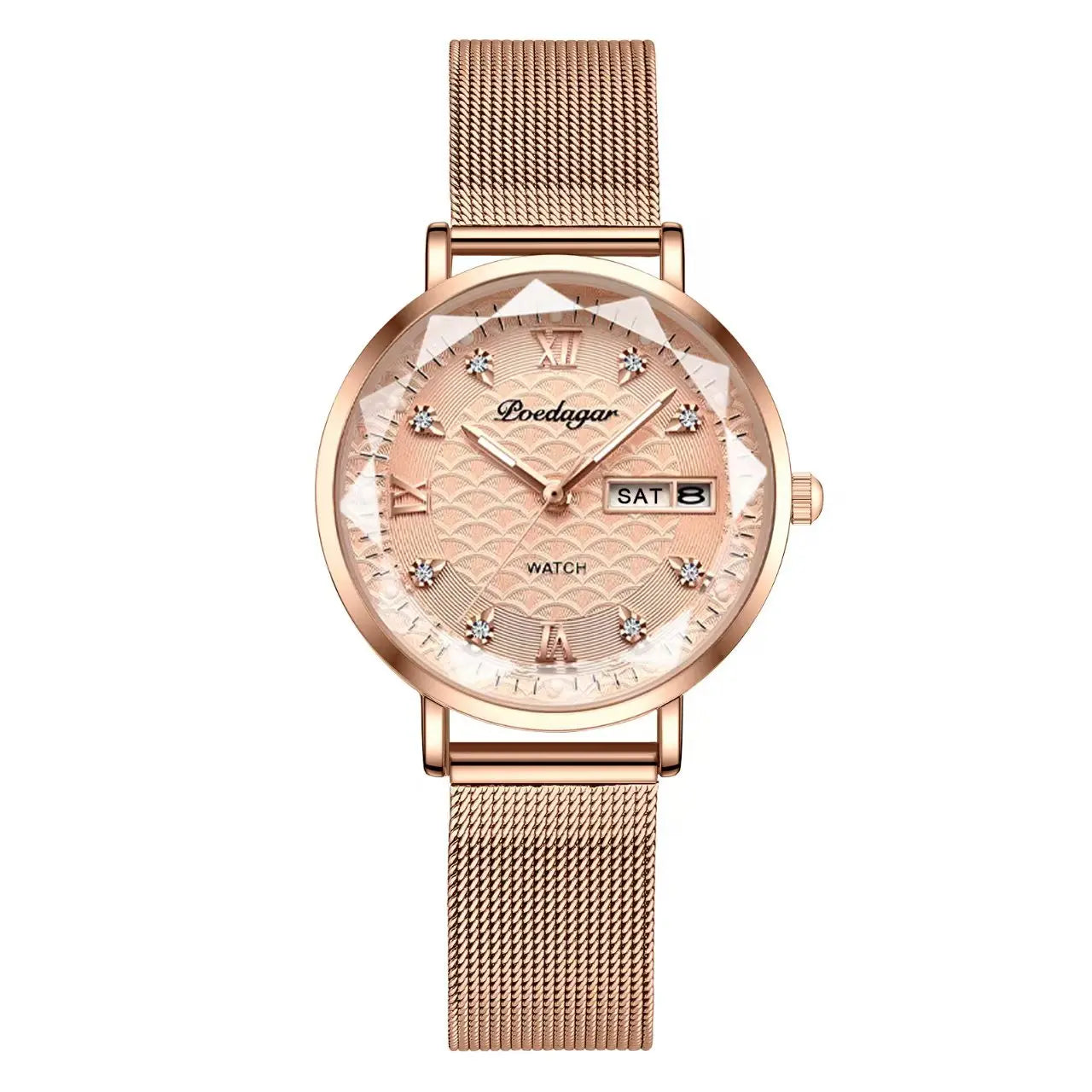 POEDAGAR Original Luxury Women Watch Week Date Waterproof Luminous Stainless Steel Woman Watches Simple Trendy Ladies Wristwatch Rose Gold Gold M