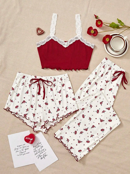 3pcs Women's Pajamas Heart-shaped Printed Vest Shorts And Pants Paired With Ribbed Fabric For Home Casual Women's Sleepwear Set E
