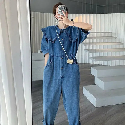 Jumpsuits Women 2022 New Fashion Autumn Spring Jeans Doll Collar Solid  Full Length High Waist Loose Jump Suits for Women Badiee Stylez