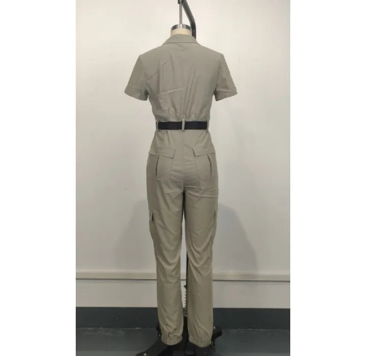 Sexy Women's Jumpsuit 2024 Summer New Fashion Zipper Workwear Short Sleeved Lapel Multi Pocket Waistband Bodysuit Pants Female