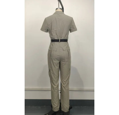 Sexy Women's Jumpsuit 2024 Summer New Fashion Zipper Workwear Short Sleeved Lapel Multi Pocket Waistband Bodysuit Pants Female