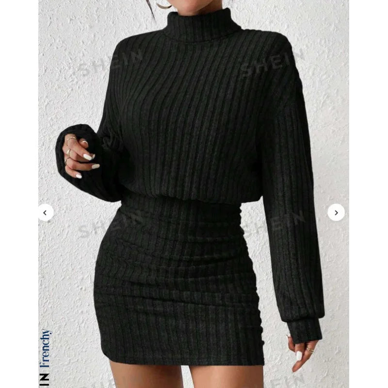 Autumn And Winter Slim Fit Fashionable Long Sleeved High Neck Slim Fit Dress Striped Women's New Dress